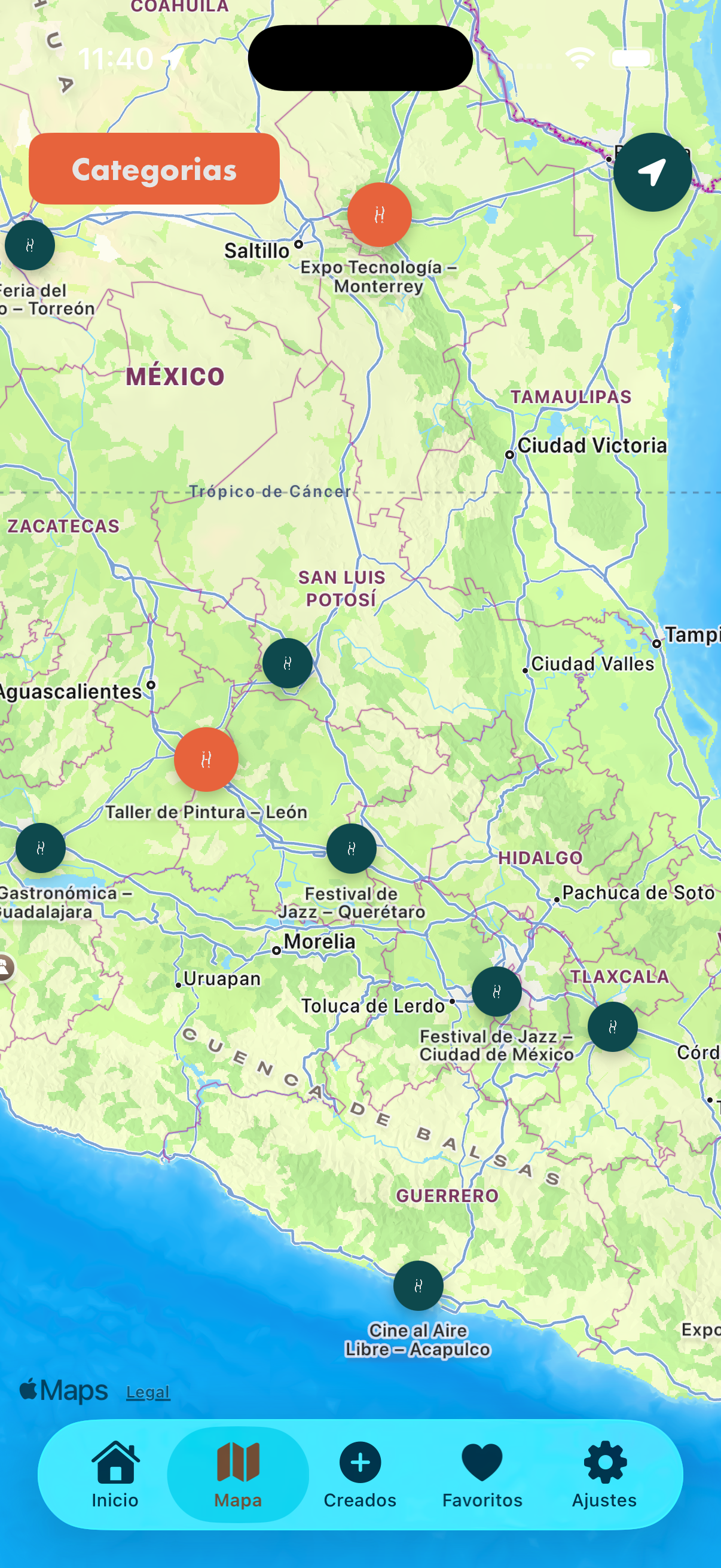 Mapa de eventos en la app de Happening